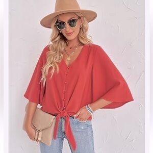 Button Tie Front Shirt Size M wide sleeve flowy loose fitting